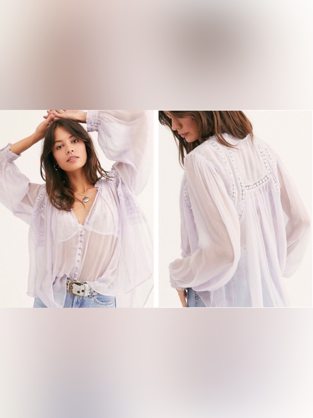 Free People Lavender Lace-Trim Button Front Blouse